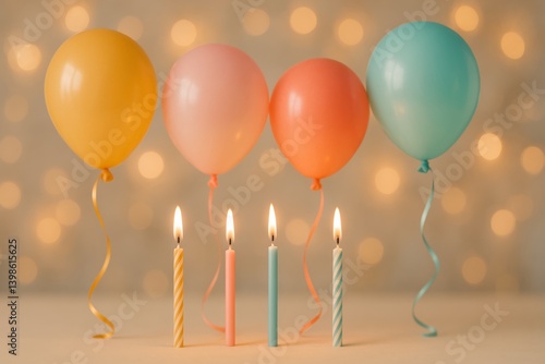 Colorful Balloons Float Beside Candles Glowing Softly During a Joyful Celebra...
