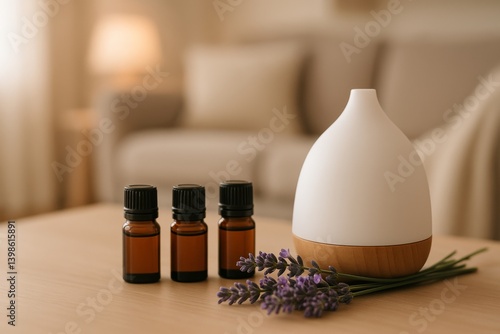 Aromatherapy Essentials Displayed With an Essential Oil Diffuser and Lavender...