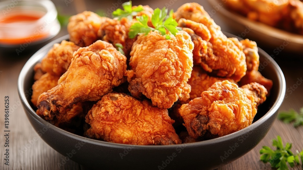 Close-up of golden fried chicken pieces in a dark bowl garnished with parsley. Red sauce visible alongside. Wooden background. Close-up of golden fried chicken pieces in a dark bowl garnished with parsley. Red sauce visible alongside. Wooden background.
