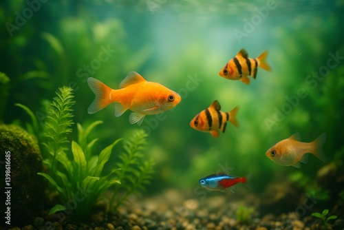 Colorful Fish Swimming in a Vibrant Aquarium Filled With Plants and Rocks