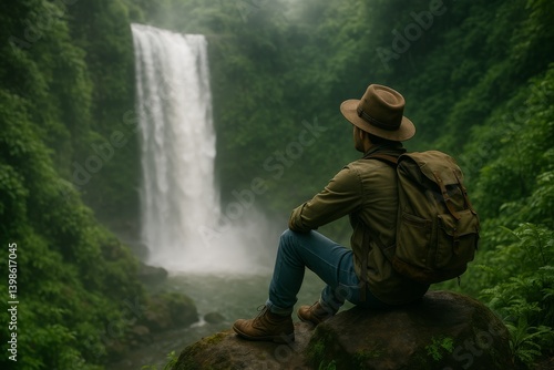 Man Enjoys Waterfall View in Lush Jungle During Early Morning Hours