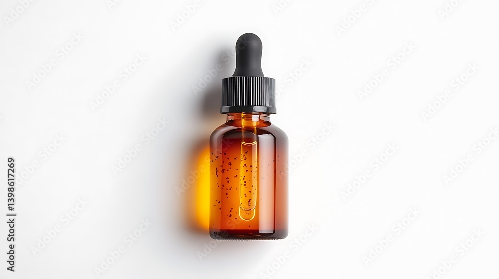 Close up of amber bottle with dropper on a plain white background Close up of amber bottle with dropper on a plain white background