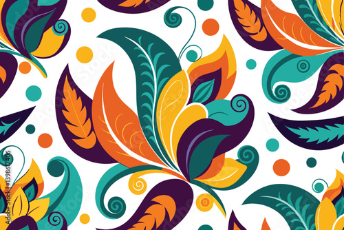 Artistic Floral Ornament Pattern on White Background, Colorful