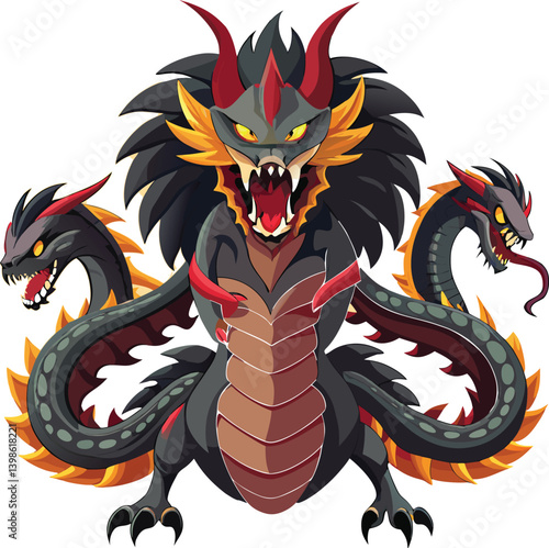 Hydra monster with several snake heads. Epic vector creature for RPG, mythology, and fantasy concepts.