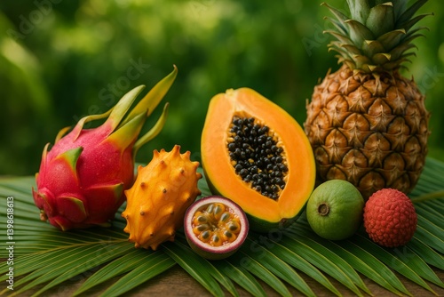 Exotic Tropical Fruits Arranged on a Wooden Surface Surrounded by Lush Green ...