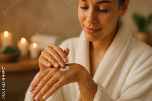 Woman Applying Moisturizer in a Spa Setting During a Relaxing Self-Care Moment