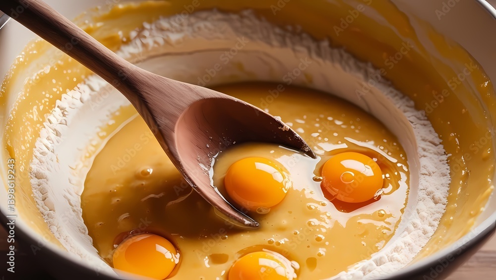 Mixing ingredients to create a batter with eggs and flour in a bowl