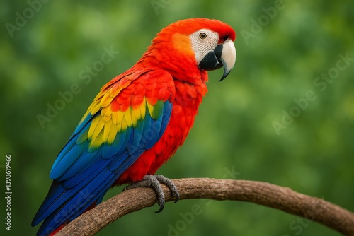 Vibrant Scarlet Macaw Perched on a Branch in Lush Green Surroundings During D...