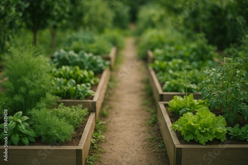 Lush Green Vegetable Garden With Organized Raised Beds and Gravel Path in Vib...