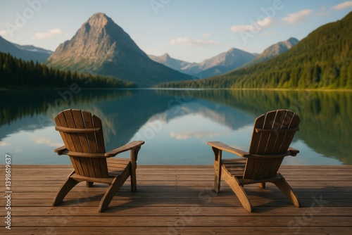 Relaxing Wooden Chairs Overlook Tranquil Lake With Mountain Backdrop Under Cl...