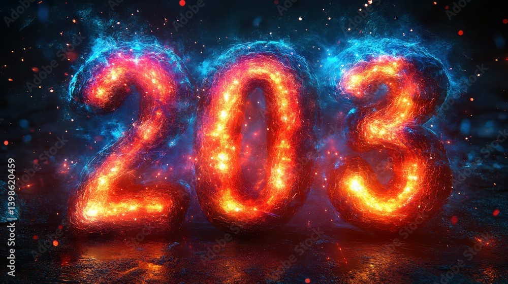 Vibrant glowing numbers 203 illuminated in a cosmic setting with colorful energy effects Vibrant glowing numbers 203 illuminated in a cosmic setting with colorful energy effects