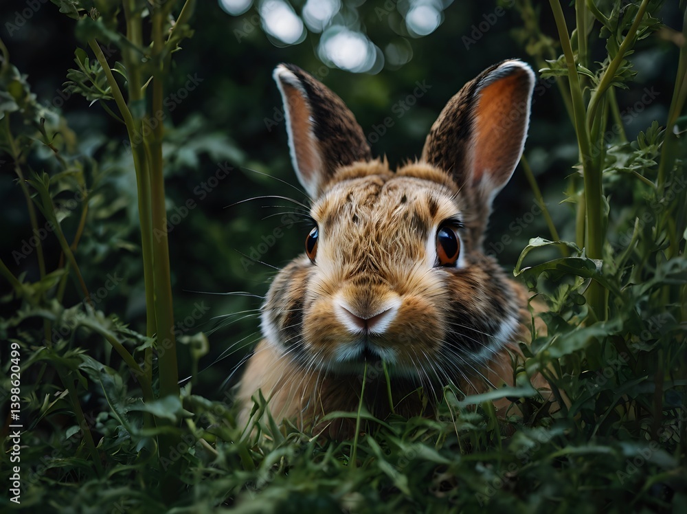 Rabbit Eye Close-Up, Sharp Gaze Through Greenery Rabbit Eye Close-Up, Sharp Gaze Through Greenery