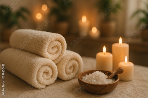 Relaxing Spa Setup With Candles, Towels, and Salt, Perfect for Self-Care Moments