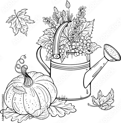 Autumn composition with metal watering can with bouquet of fallen leaves and pumpkin. Garden still life. Vector illustration in hand drawn sketch style. Line art isolated on white for coloring book