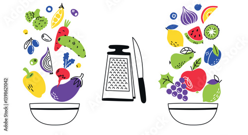 Healthy food banner. Fruits, vegetables, salad, cutting. Vegetarian diet. Vector doodle illustration
