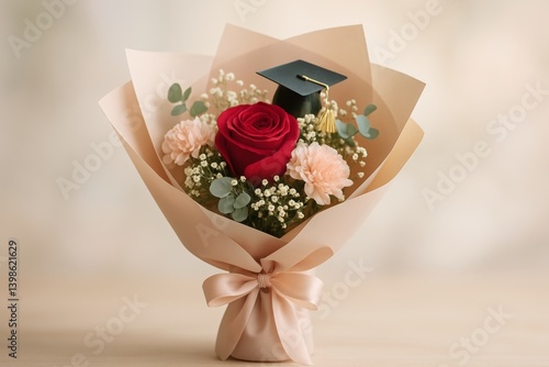 Graduating Flower Bouquet Featuring a Red Rose and a Graduation Cap on Top
