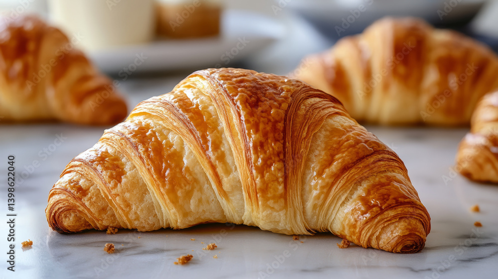 Golden croissant on a marble surface with blurred background. Golden croissant on a marble surface with blurred background.
