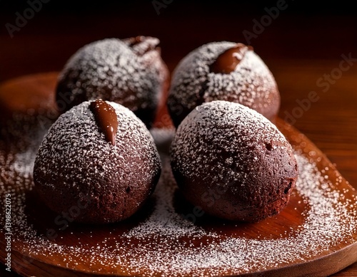 Egg-shaped brownies coated in milk chocolate glaze, placed on a wooden board with a sprinkling of powdered sugar