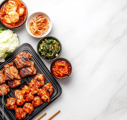A top-down view of an electric griddle with various Korean dishes