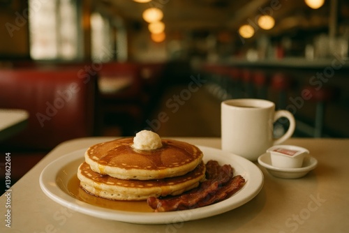 Delicious Breakfast Spread With Pancakes, Bacon, Eggs, and Syrup in a Cozy Di...