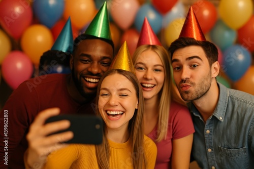 Group of Friends Celebrating With Party Hats and Balloons During a Festive Ga...