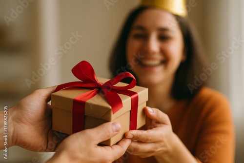 Happy Woman Receiving a Gift During a Celebration at Home With a Festive Atmo...