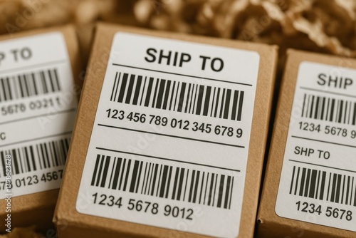 Shipping Labels on Cardboard Boxes With Barcodes and Tracking Numbers in a Wa...
