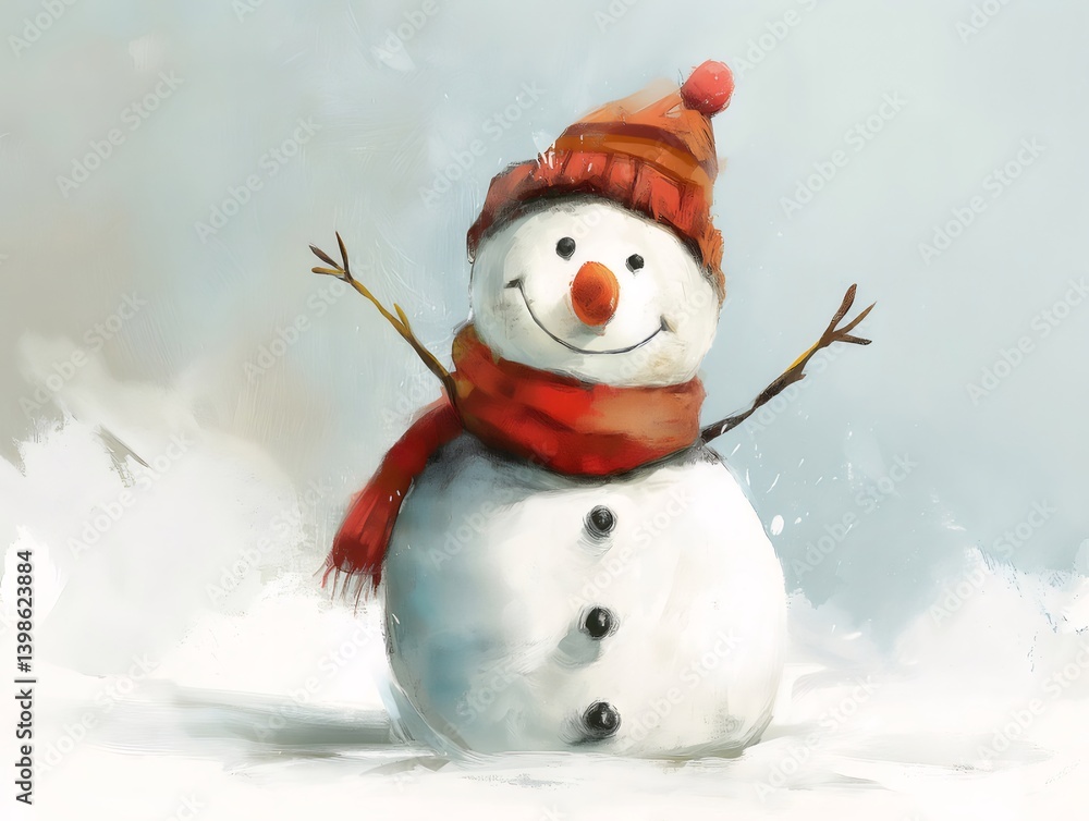 Smiling Snowman In A Knitted Orange Hat And Red Scarf Stands On Snow With Watercolor Background Smiling Snowman In A Knitted Orange Hat And Red Scarf Stands On Snow With Watercolor Background