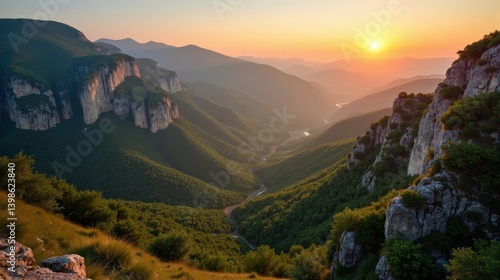 Detailed photo of Cevennes National Park in France during dawn, with mild, sunny summer conditions, viewed from above.