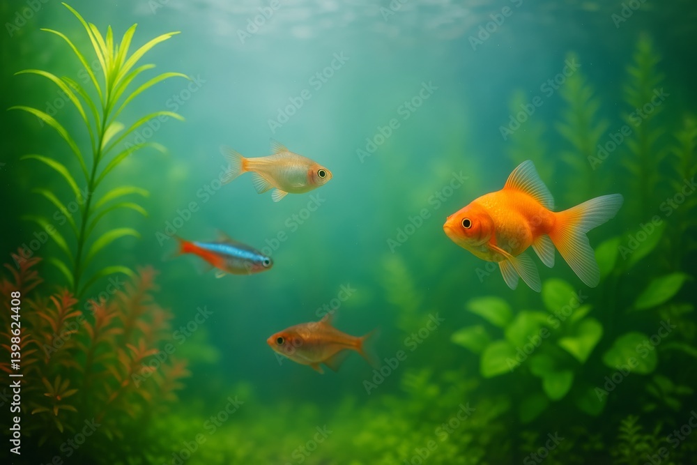 Colorful Fish Swimming in a Vibrant Aquarium Filled With Plants and Rocks