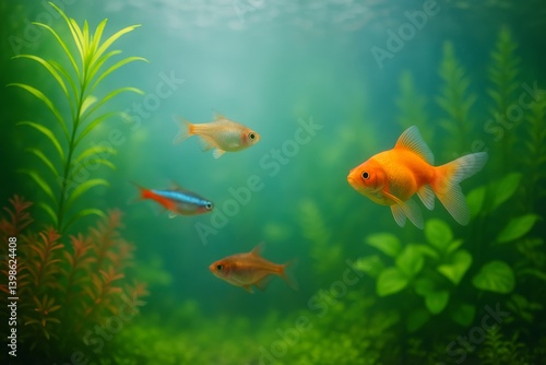 Colorful Fish Swimming in a Vibrant Aquarium Filled With Plants and Rocks