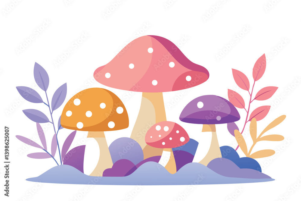 Fantasy Mushroom Group with Plants and Leaves on White Background, Flat Design Style Fantasy Mushroom Group with Plants and Leaves on White Background, Flat Design Style