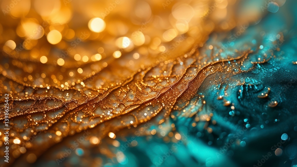 A close-up of a dew-covered leaf with golden and blue hues, showcasing the intricate patterns of water droplets on the surface. A close-up of a dew-covered leaf with golden and blue hues, showcasing the intricate patterns of water droplets on the surface.