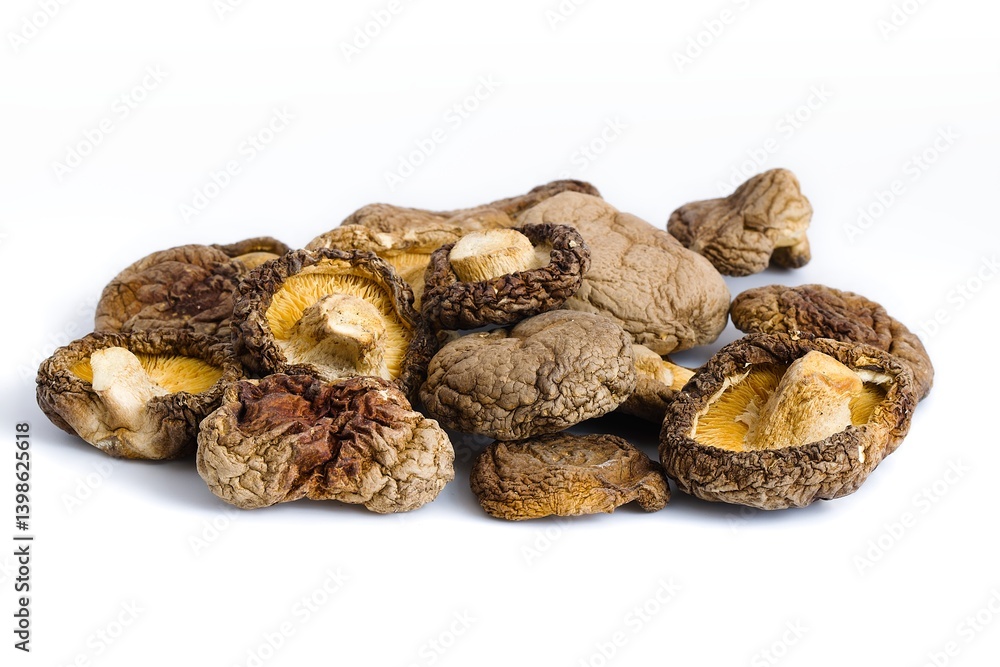 An elegant composition of dried shiitake mushrooms on white, emphasizing natural texture and earthy, umami colors. An elegant composition of dried shiitake mushrooms on white, emphasizing natural texture and earthy, umami colors.