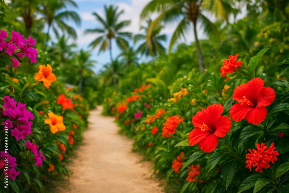 Vibrant Flower Path in Tropical Garden Surrounded by Lush Greenery and Palm Trees Vibrant Flower Path in Tropical Garden Surrounded by Lush Greenery and Palm Trees