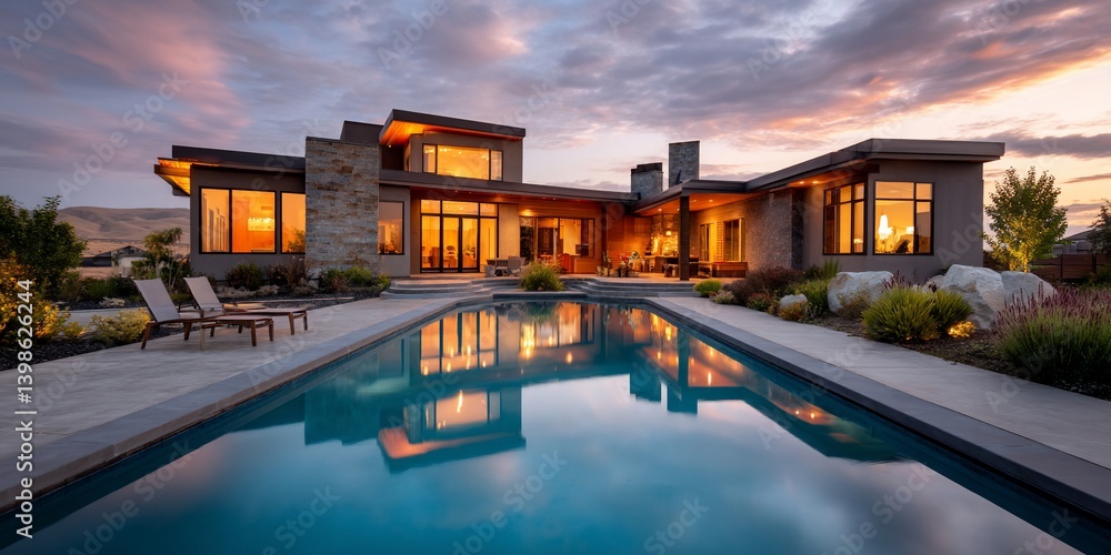 Fototapeta premium Modern Home with Pool at Sunset