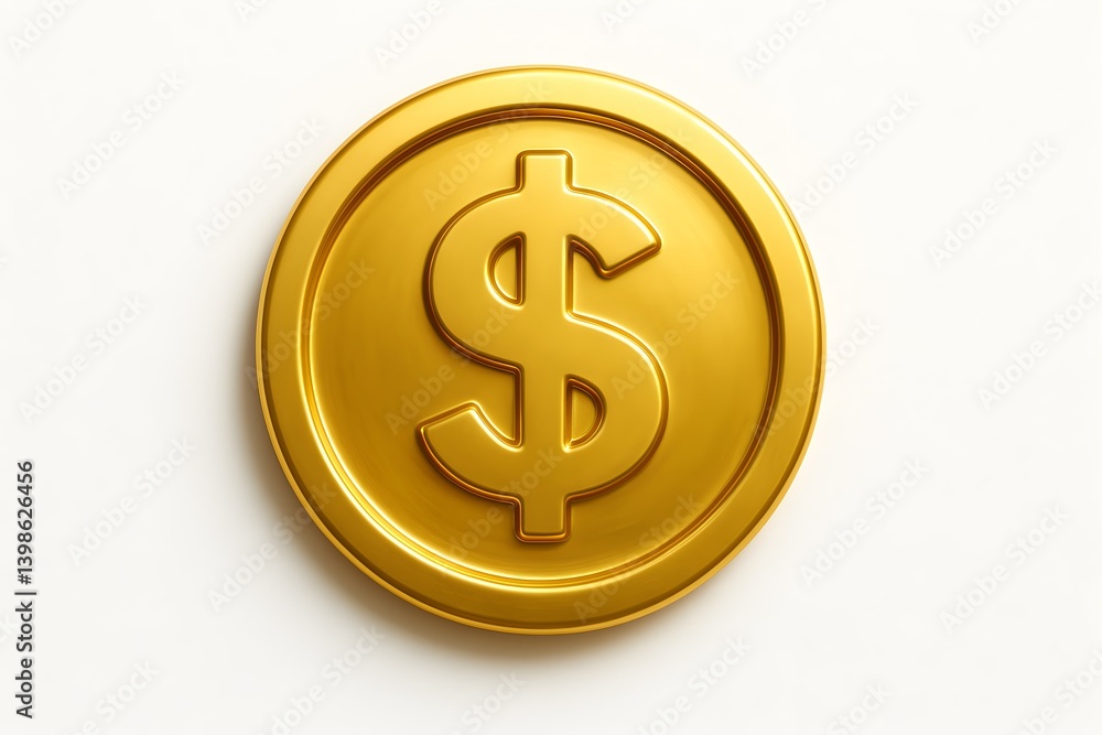 Realistic golden dollar coin on a plain background showcasing wealth and currency Realistic golden dollar coin on a plain background showcasing wealth and currency