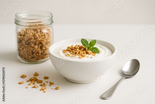 Creamy Yogurt Served With Granola and Fresh Mint on a Minimalistic White Table