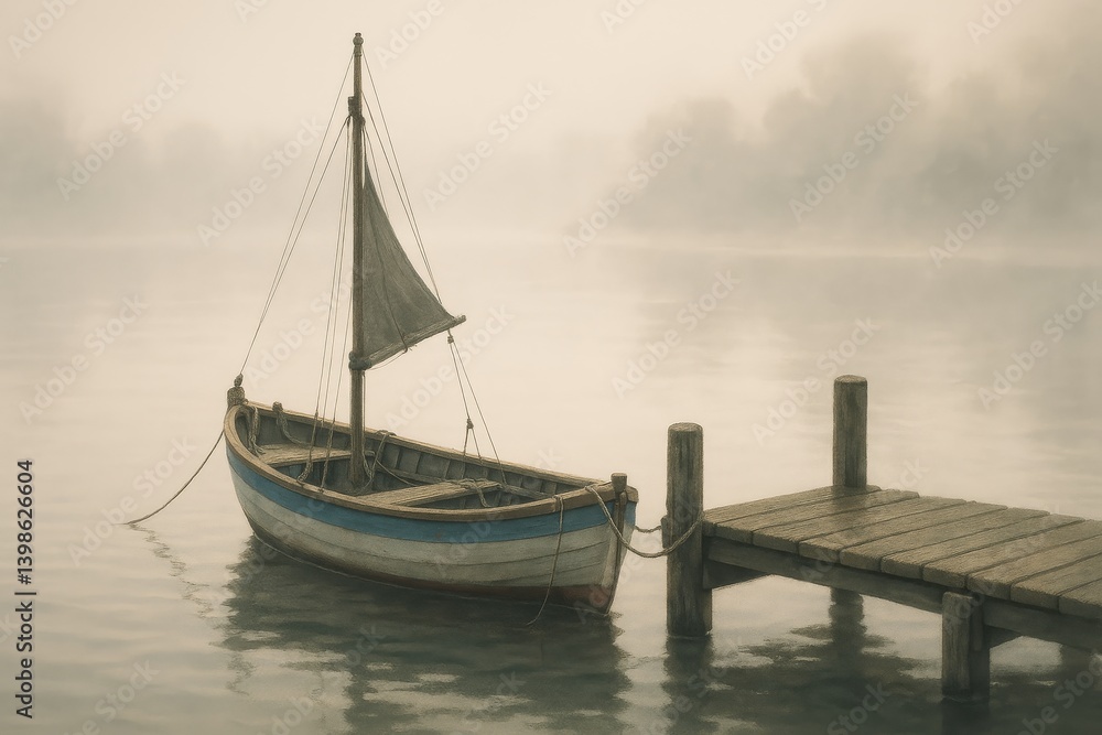Fototapeta premium Calm Morning on the River With a Fishing Boat Anchored Near a Dock in Misty Surroundings