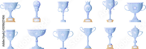 Various silver trophies with intricate designs and star emblems