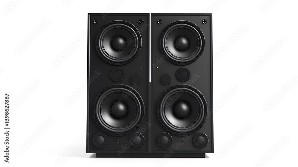 Fototapeta premium Two black speakers with circular drivers against a white backdrop