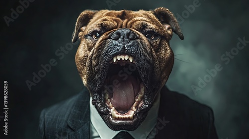Bulldog dressed in a business suit, shouting at subordinates. Powerful expressions. Generative AI.
