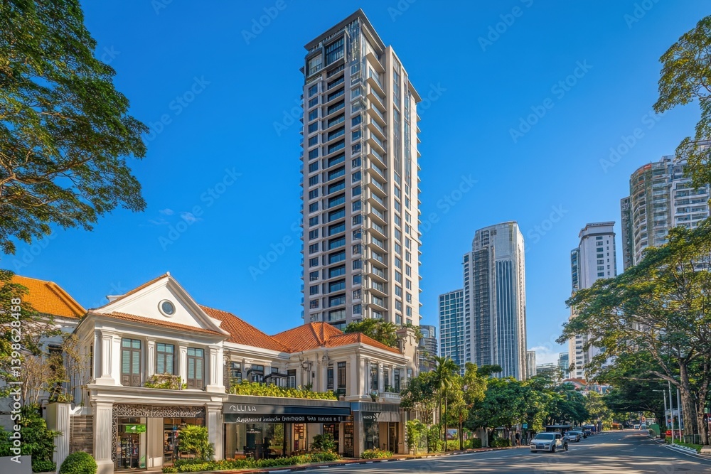 Fototapeta premium A street view of Singapore's Ellison Road, showcasing the mix between traditional handmade shops and new high-rise buildings, with clear blue skies in the background Generative AI