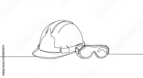 Single Line Art: Hard Hat and Safety Goggles for Construction Safety