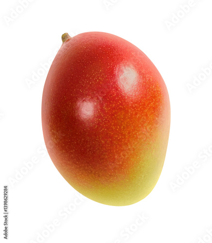 Single big red mango isolated on transparent background. Bright exotic fruit cut out PNG. Food photo close up. Clear texture peel. Element for juice, smoothie, dried slice, raw snack, drink packaging