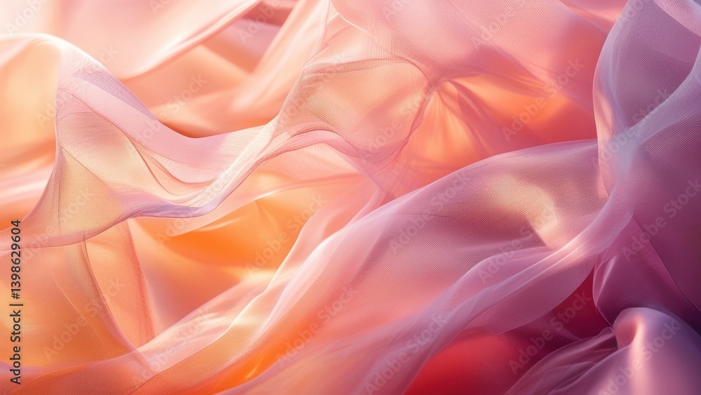 Fototapeta premium A soft, flowing fabric with a gradient of pink and peach hues, gently billowing in a gentle breeze. The fabric appears to be lightweight and delicate, possibly made of chiffon or a similar material. 