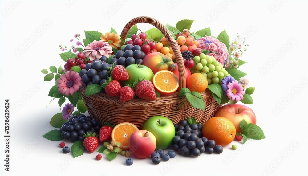 Close-Up Of Flowers and Apples In Basket isolated on Background. 3d style illustration Close-Up Of Flowers and Apples In Basket isolated on Background. 3d style illustration