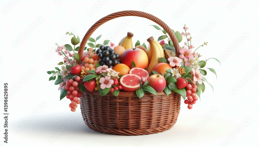 Close-Up Of Flowers and Apples In Basket isolated on Background. 3d style illustration Close-Up Of Flowers and Apples In Basket isolated on Background. 3d style illustration