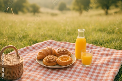 Enjoying a Sunny Picnic With Pastries and Fresh Juice in a Green Meadow Durin...