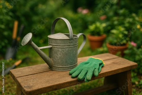 Gardening Tools on a Wooden Bench in a Lush Garden During a Sunny Day